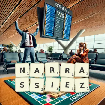 Illustration créative d'un jeu de lettres avec le mot NARRASSIEZ épelé sur le plateau.