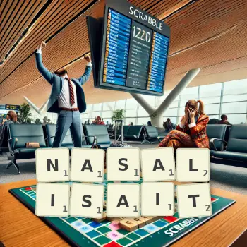 Illustration créative d'un jeu de lettres avec le mot NASALISAIT épelé sur le plateau.
