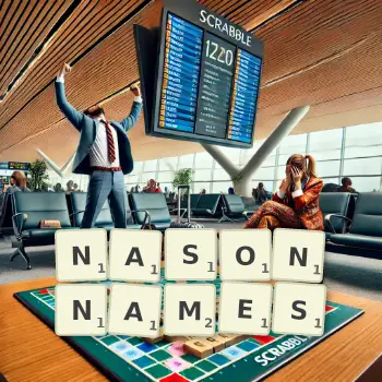 Illustration créative d'un jeu de lettres avec le mot NASONNAMES épelé sur le plateau.