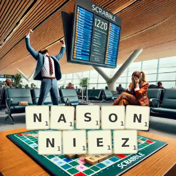 Illustration créative d'un jeu de lettres avec le mot NASONNIEZ épelé sur le plateau.