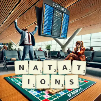 Illustration créative d'un jeu de lettres avec le mot NATATIONS épelé sur le plateau.