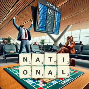 Illustration créative d'un jeu de lettres avec le mot NATIONAL épelé sur le plateau.