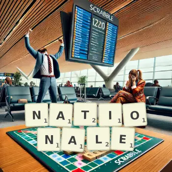 Illustration créative d'un jeu de lettres avec le mot NATIONALE épelé sur le plateau.