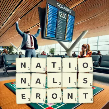 Illustration créative d'un jeu de lettres avec le mot NATIONALISERONT épelé sur le plateau.