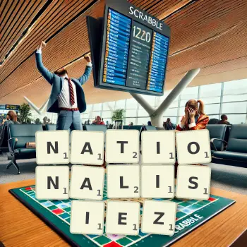 Illustration créative d'un jeu de lettres avec le mot NATIONALISIEZ épelé sur le plateau.