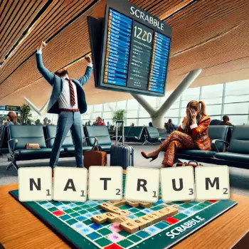 Illustration créative d'un jeu de lettres avec le mot NATRUM épelé sur le plateau.
