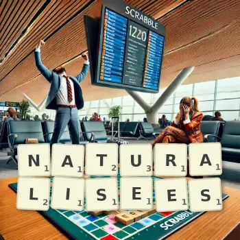 Illustration créative d'un jeu de lettres avec le mot NATURALISEES épelé sur le plateau.