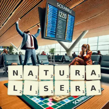 Illustration créative d'un jeu de lettres avec le mot NATURALISERA épelé sur le plateau.