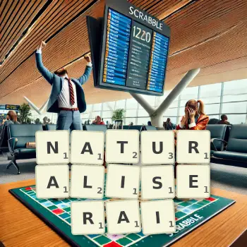 Illustration créative d'un jeu de lettres avec le mot NATURALISERAI épelé sur le plateau.
