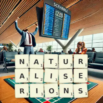 Illustration créative d'un jeu de lettres avec le mot NATURALISERIONS épelé sur le plateau.