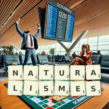 Illustration créative d'un jeu de lettres avec le mot NATURALISMES épelé sur le plateau.