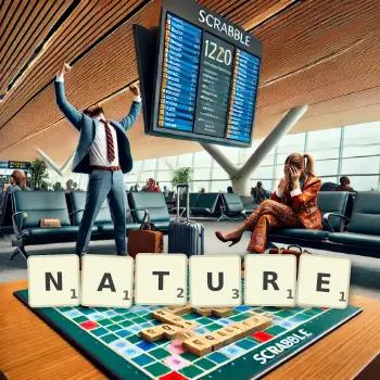 Illustration créative d'un jeu de lettres avec le mot NATURE épelé sur le plateau.