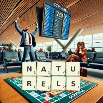Illustration créative d'un jeu de lettres avec le mot NATURELS épelé sur le plateau.