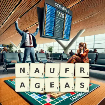 Illustration créative d'un jeu de lettres avec le mot NAUFRAGEAS épelé sur le plateau.