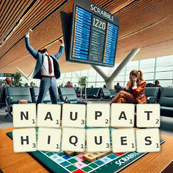 Illustration créative d'un jeu de lettres avec le mot NAUPATHIQUES épelé sur le plateau.