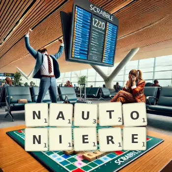 Illustration créative d'un jeu de lettres avec le mot NAUTONIERE épelé sur le plateau.