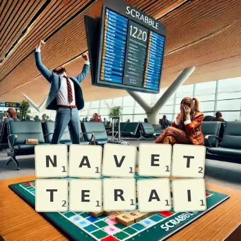 Illustration créative d'un jeu de lettres avec le mot NAVETTERAI épelé sur le plateau.