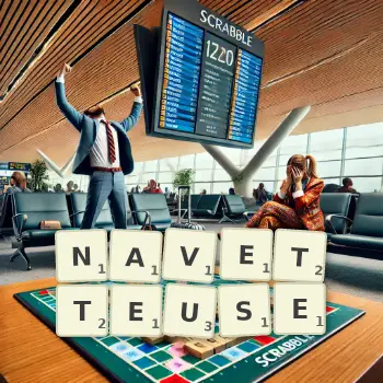 Illustration créative d'un jeu de lettres avec le mot NAVETTEUSE épelé sur le plateau.