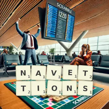 Illustration créative d'un jeu de lettres avec le mot NAVETTIONS épelé sur le plateau.