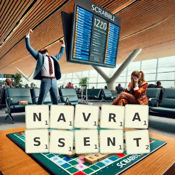 Illustration créative d'un jeu de lettres avec le mot NAVRASSENT épelé sur le plateau.