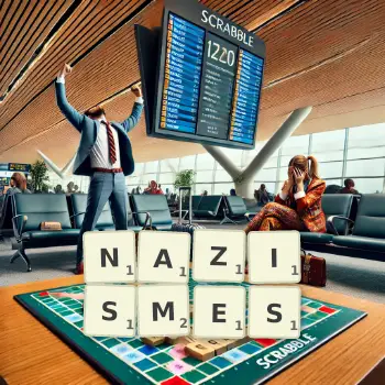 Illustration créative d'un jeu de lettres avec le mot NAZISMES épelé sur le plateau.