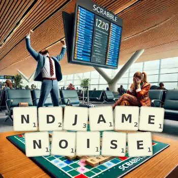Illustration créative d'un jeu de lettres avec le mot NDJAMENOISE épelé sur le plateau.