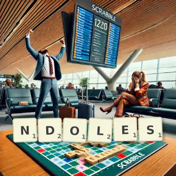 Illustration créative d'un jeu de lettres avec le mot NDOLES épelé sur le plateau.