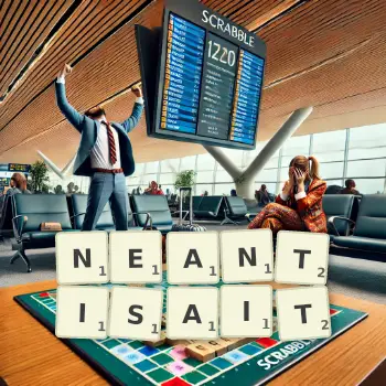 Illustration créative d'un jeu de lettres avec le mot NEANTISAIT épelé sur le plateau.
