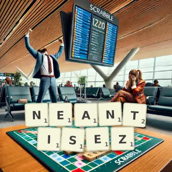 Illustration créative d'un jeu de lettres avec le mot NEANTISEZ épelé sur le plateau.