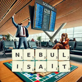 Illustration créative d'un jeu de lettres avec le mot NEBULISAIT épelé sur le plateau.