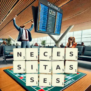 Illustration créative d'un jeu de lettres avec le mot NECESSITASSES épelé sur le plateau.