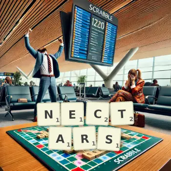 Illustration créative d'un jeu de lettres avec le mot NECTARS épelé sur le plateau.
