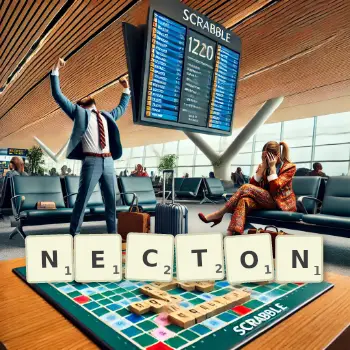 Illustration créative d'un jeu de lettres avec le mot NECTON épelé sur le plateau.