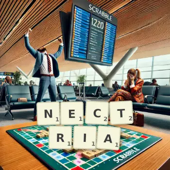 Illustration créative d'un jeu de lettres avec le mot NECTRIA épelé sur le plateau.