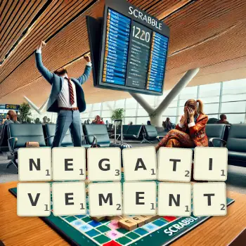 Illustration créative d'un jeu de lettres avec le mot NEGATIVEMENT épelé sur le plateau.