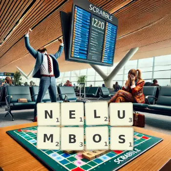 Illustration créative d'un jeu de lettres avec le mot NELUMBOS épelé sur le plateau.