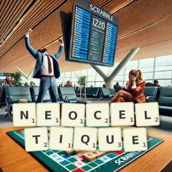 Illustration créative d'un jeu de lettres avec le mot NEOCELTIQUE épelé sur le plateau.