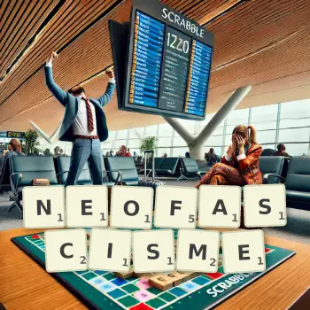 Illustration créative d'un jeu de lettres avec le mot NEOFASCISME épelé sur le plateau.
