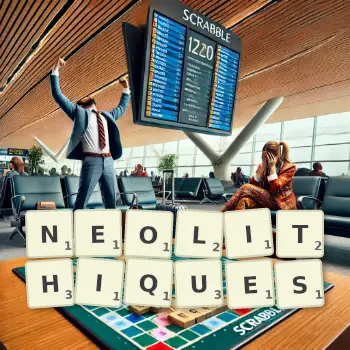 Illustration créative d'un jeu de lettres avec le mot NEOLITHIQUES épelé sur le plateau.