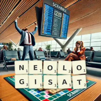 Illustration créative d'un jeu de lettres avec le mot NEOLOGISAT épelé sur le plateau.