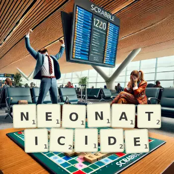 Illustration créative d'un jeu de lettres avec le mot NEONATICIDE épelé sur le plateau.