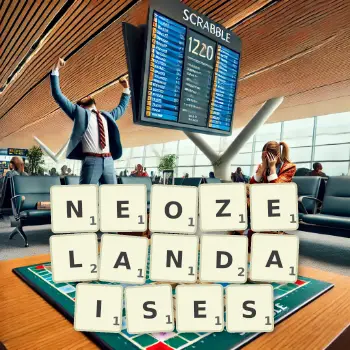 Illustration créative d'un jeu de lettres avec le mot NEOZELANDAISES épelé sur le plateau.