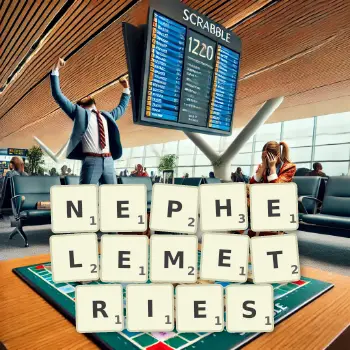 Illustration créative d'un jeu de lettres avec le mot NEPHELEMETRIES épelé sur le plateau.