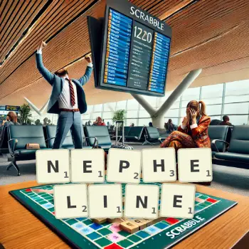 Illustration créative d'un jeu de lettres avec le mot NEPHELINE épelé sur le plateau.