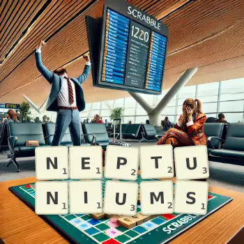 Illustration créative d'un jeu de lettres avec le mot NEPTUNIUMS épelé sur le plateau.