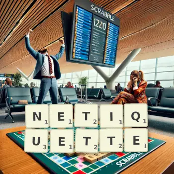 Illustration créative d'un jeu de lettres avec le mot NETIQUETTE épelé sur le plateau.