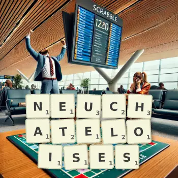 Illustration créative d'un jeu de lettres avec le mot NEUCHATELOISES épelé sur le plateau.