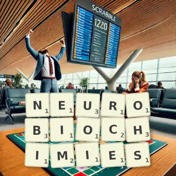 Illustration créative d'un jeu de lettres avec le mot NEUROBIOCHIMIES épelé sur le plateau.