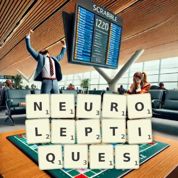 Illustration créative d'un jeu de lettres avec le mot NEUROLEPTIQUES épelé sur le plateau.
