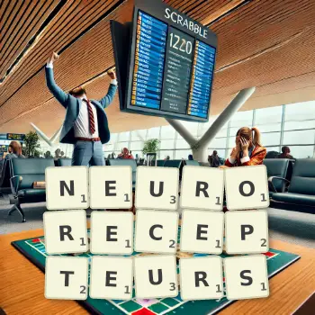 Illustration créative d'un jeu de lettres avec le mot NEURORECEPTEURS épelé sur le plateau.